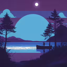 there is a picture of some trees by the water,the man is standing on a boat in a lake at night