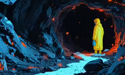 a person in yellow jacket standing in a dark cave