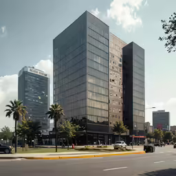 a couple of tall buildings near the street