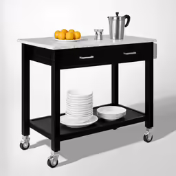 a small kitchen island with granite top on wheels