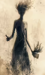 a woman is walking with two flowers