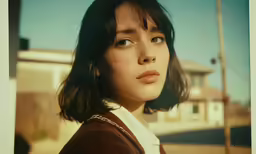 a young woman looking up while standing outside