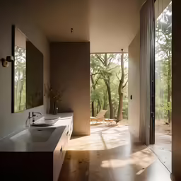 a bathroom has many windows and an outdoor chair