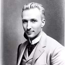 a black and white photo of a man wearing a suit