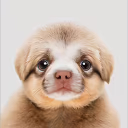 a puppy is looking into the camera with one eye wide open