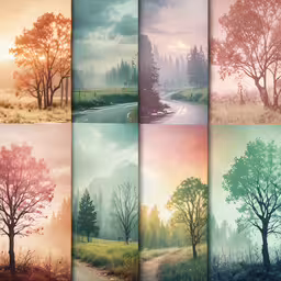 a set of six different pictures with trees,a series of trees with the colors of the same color and season