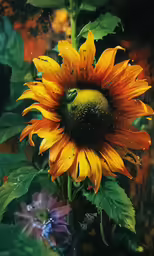 a sunflower with drops of dew in the foreground