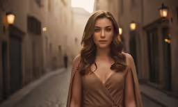 the beautiful woman in brown is standing on the street