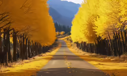 trees have yellow leaves along an empty road