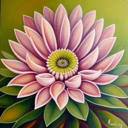 an artistic painting of a pink flower with green leaves on it,an abstract painting shows a large pink flower