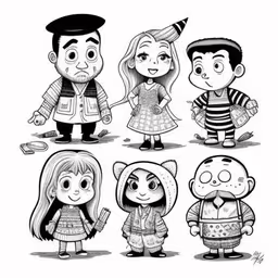 various cartoon characters are shown, each with different emotions,a black and white drawing of four kids and one adult