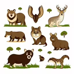 various wild animals standing around each other on grass,an animal set that includes animals, a deer and a raccoon