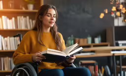 a girl in a wheelchair holding a book