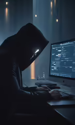 man in a hood looking at his computer screen with a flashlight on