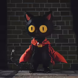 a black cat dressed as dracula poses in front of a brick wall