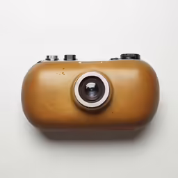 the camera is brown with a lens