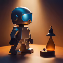 a blue robot next to a small plastic light bulb