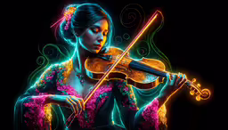 a girl is playing the violin with a neon background