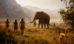 a large elephant standing on top of a lush green field