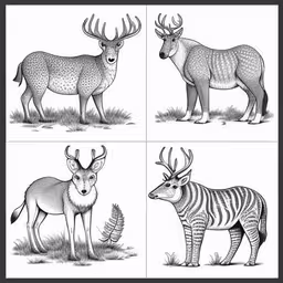 four animals on white paper with one zebra and another antelope