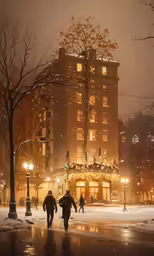 people walking across the street in a snow storm