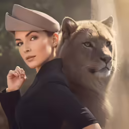 a woman is standing next to a lion