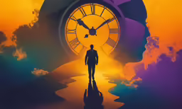 man stands in the shadow of a clock as clouds roll overhead