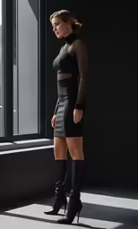 a woman wearing a skirt and boots posing by a window