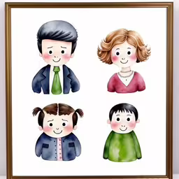 the illustrated family picture has three people, one in a suit,a frame holding three people with different hairs,a watercolor painting with five people and one is wearing a green tie,a painting of people in three different outfits,three people wearing different clothing in a gold frame