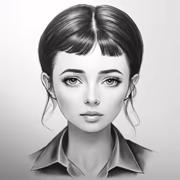 the head of a woman with bangs and a collared shirt