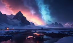 a car parked by a stream in the mountains