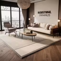living room with white furniture and modern chandelier