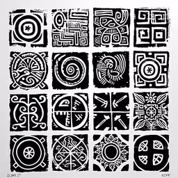 a black and white drawing of many different shapes,different abstract shapes and sizes on white paper