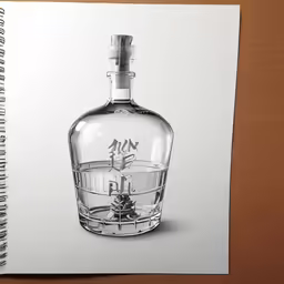 an open notebook with the drawing of a glass bottle