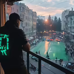 the man is looking out the window at the city street