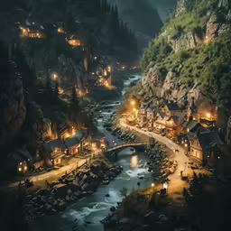 a river with lights lit up in the dark