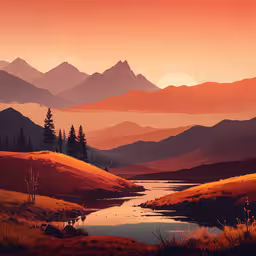 a sunset scene with mountains, a river and a lake,a picture of a sunset that has mountains, a river and the sun
