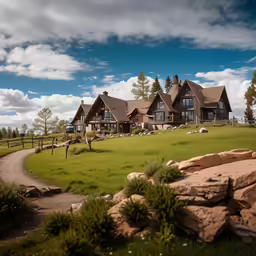 a large home with a winding driveway through it