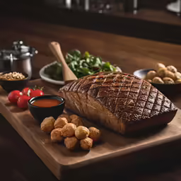 the roast is laying on a cutting board with other foods