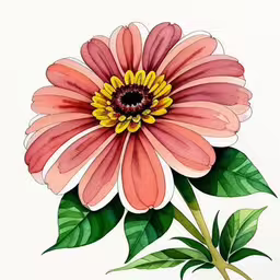 an artistic painting of a pink flower and green leaves,watercolor flower painting with green leaves and petals,a drawing of a pink flower with green leaves,a watercolor painting of a pink flower with green leaves,an image of a flower in watercolor