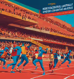 a drawing of a man standing on top of a running track,many people are on the track at a competition