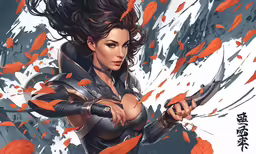 an asian woman with her arms outstretched and a sword in one hand