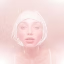 a white woman in a white hat is standing under pink light