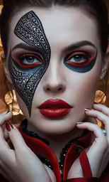 a woman with makeup is wearing a black and red mask