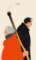 a person holding something near them, with an orange and black background