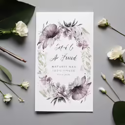 the wedding card is shown with flowers and greenery
