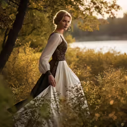 a beautiful woman in a wedding dress standing by some trees