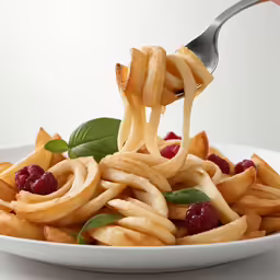 a plate filled with food and a fork holding it