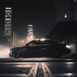 a car driving down a city street at night