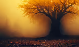an old tree sitting in a field surrounded by fog